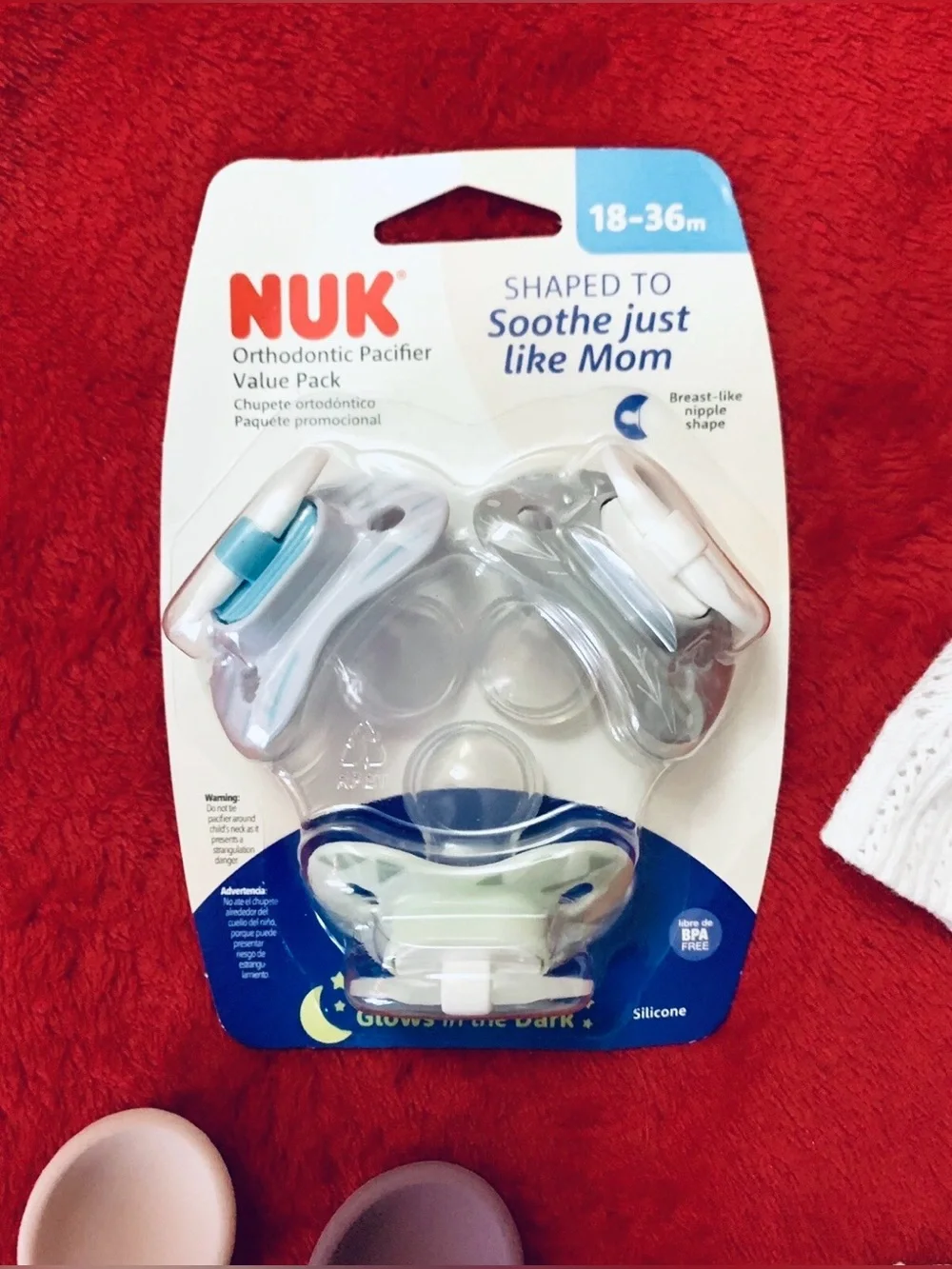 NUK Unisex Baby Lot Pacifiers, White Knit Hat, Gray Slip-On Shoes, Spoons